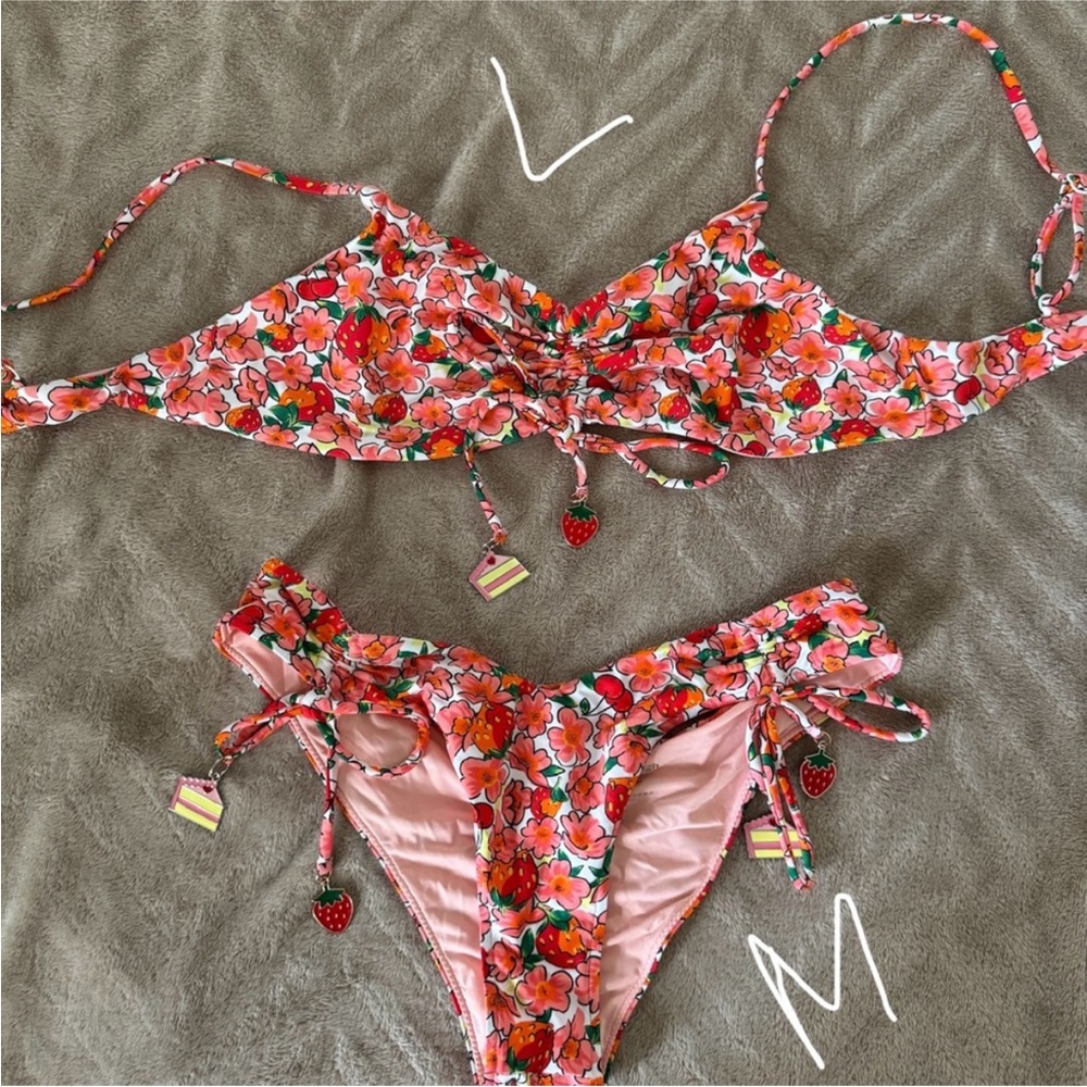 Floral Bikini Set with Strawberry Charms